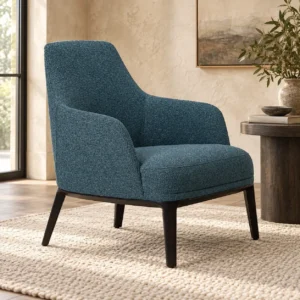 Teal Fabric High-Back Armchair on Dark Wood Base, 70 cm in blue — front view