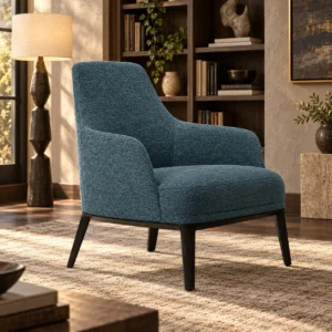 Teal Fabric High-Back Armchair on Dark Wood Base, 70 cm in blue — in a room setting
