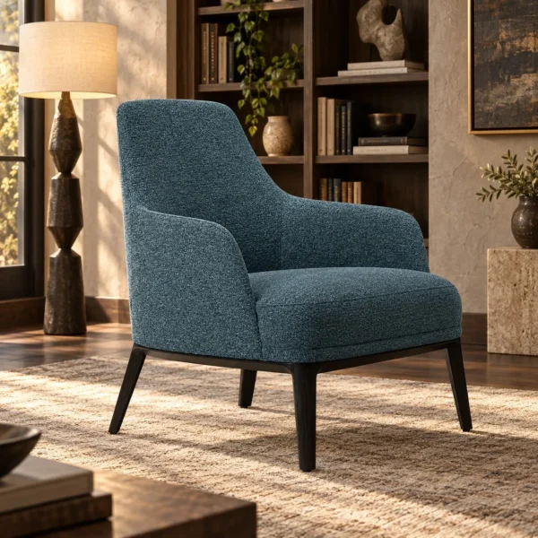Teal Fabric High-Back Armchair on Dark Wood Base, 70 cm in blue — in a room setting