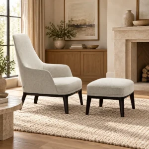 Light Grey High-Back Armchair with Ottoman on Wood Base in slate — front view