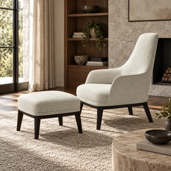 Light Grey High-Back Armchair with Ottoman on Wood Base in slate — in a room setting
