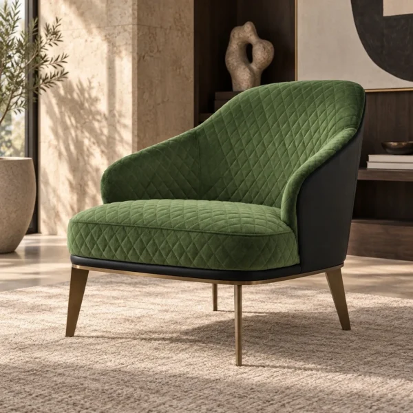 Green Quilted Velvet Tub Chair in olive — in a room setting