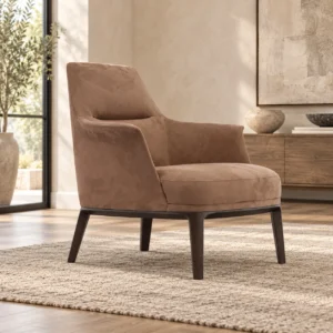 Camel Suede High-Back Armchair on Dark Wood Base, 77 cm in clay — front view