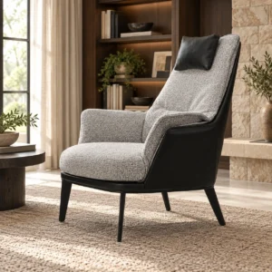 Grey Bouclé and Black Leather High-Back Armchair in slate — front view