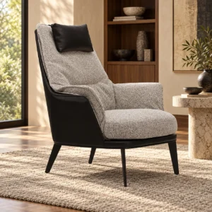 Grey Bouclé and Black Leather High-Back Armchair in slate — in a room setting
