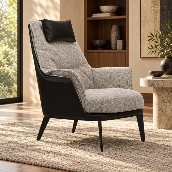 Grey Bouclé and Black Leather High-Back Armchair in slate — in a room setting