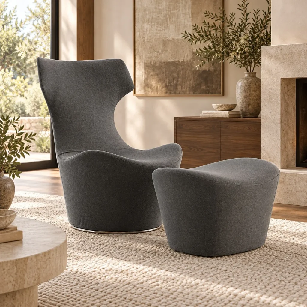 Charcoal Wingback Swivel Lounge Chair with Ottoman, 69 cm in slate — front view