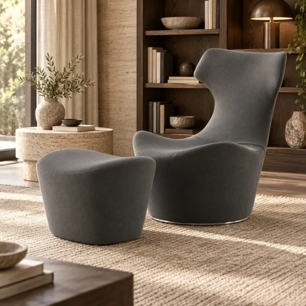 Charcoal Wingback Swivel Lounge Chair with Ottoman, 69 cm in slate — in a room setting
