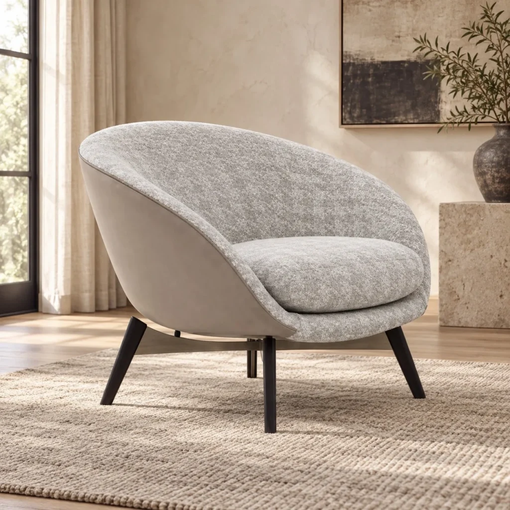 Grey Bouclé Round Tub Chair with Taupe Shell on Wood Legs in slate — front view