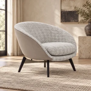 Grey Bouclé Round Tub Chair with Taupe Shell on Wood Legs in slate — front view