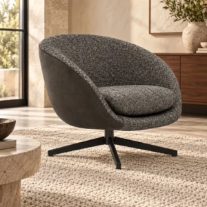 Charcoal Bouclé Round Swivel Tub Chair on Black Star Base in slate — front view