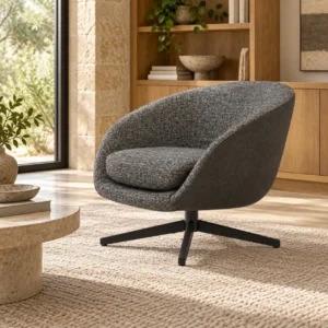 Charcoal Bouclé Round Swivel Tub Chair on Black Star Base in slate — in a room setting