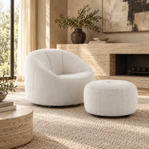 Cream Bouclé Round Swivel Lounge Chair with Ottoman, 86 cm in oatmeal — front view