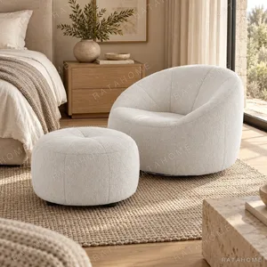 Cream Bouclé Round Swivel Lounge Chair with Ottoman, 86 cm in oatmeal — in a room setting
