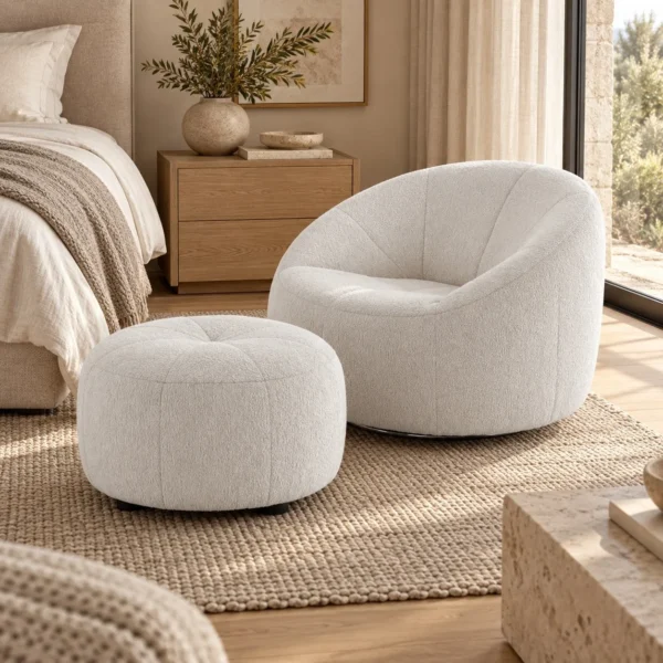 Cream Bouclé Round Swivel Lounge Chair with Ottoman, 86 cm in oatmeal — in a room setting