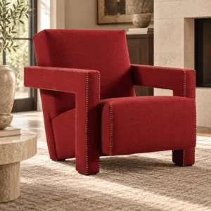 Red Fabric Block-Arm Armchair with Contrast Stitching, 67 cm in red — front view