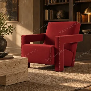 Red Fabric Block-Arm Armchair with Contrast Stitching, 67 cm in red — in a room setting