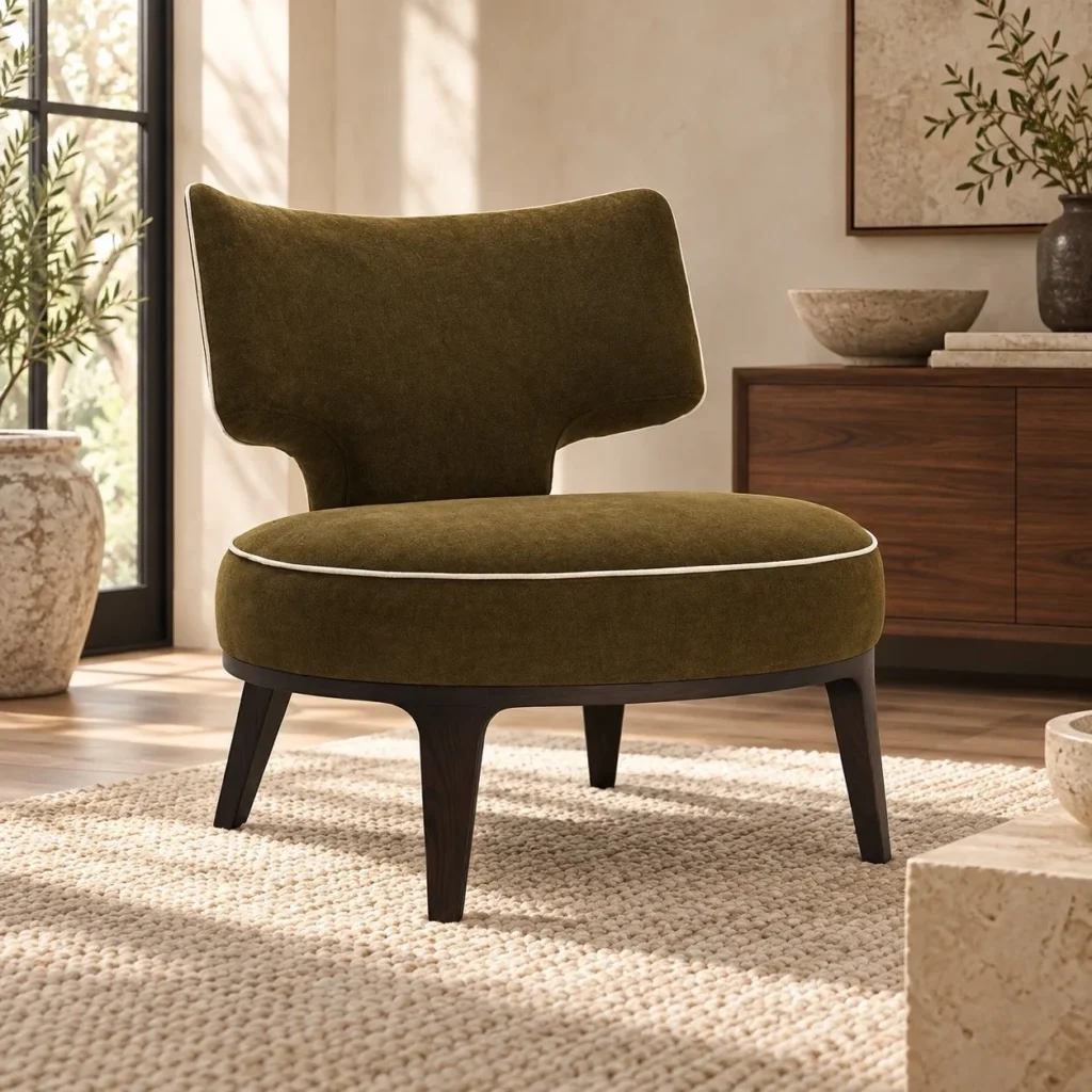 Olive Velvet Curved-Back Slipper Chair on Wood Legs, 75 cm in olive — front view