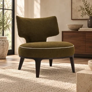 Olive Velvet Curved-Back Slipper Chair on Wood Legs, 75 cm in olive — front view