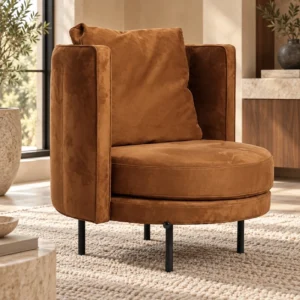 Cognac Suede Round Swivel Lounge Chair on Black Metal Base in clay — front view