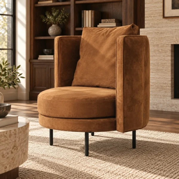 Cognac Suede Round Swivel Lounge Chair on Black Metal Base in clay — in a room setting