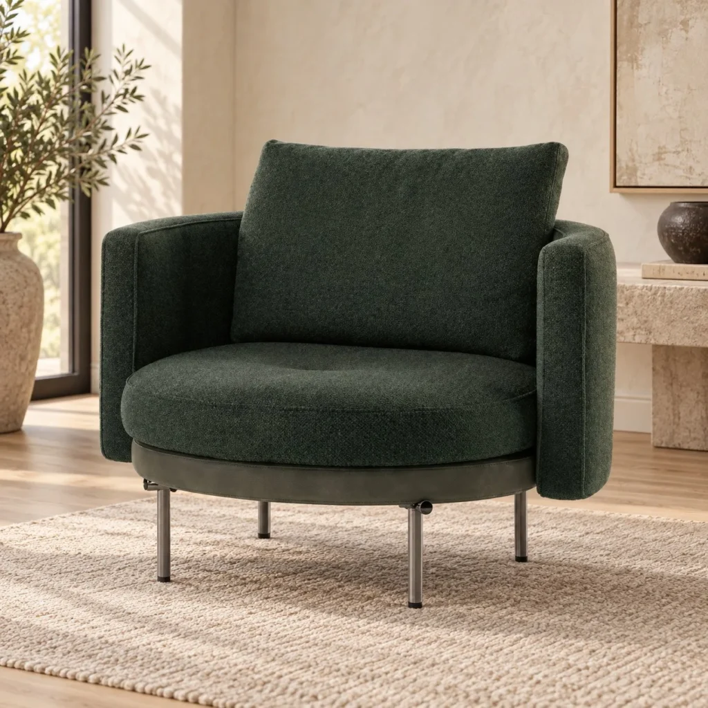 Forest Green Bouclé Round Lounge Chair on Chrome Legs, 67 cm in olive — front view