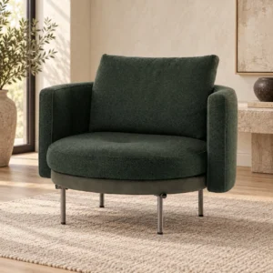 Forest Green Bouclé Round Lounge Chair on Chrome Legs, 67 cm in olive — front view