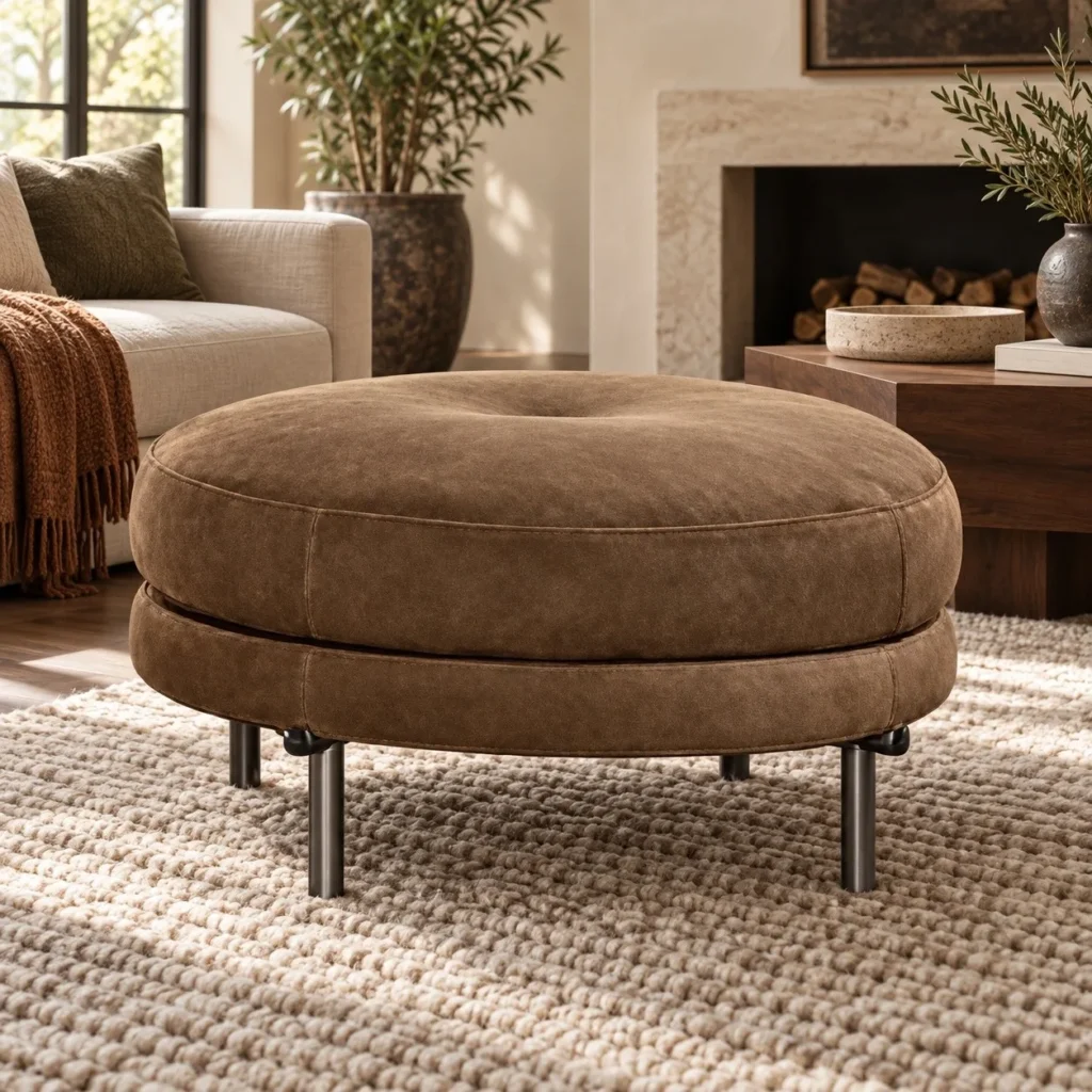 Round Brown Suede Ottoman on Chrome Legs, 64 cm in clay — front view