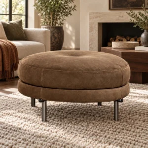 Round Brown Suede Ottoman on Chrome Legs, 64 cm in clay — front view