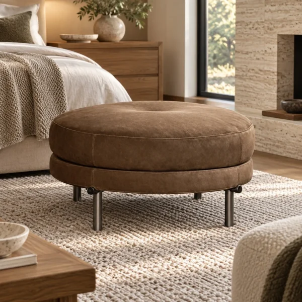 Round Brown Suede Ottoman on Chrome Legs, 64 cm in clay — in a room setting