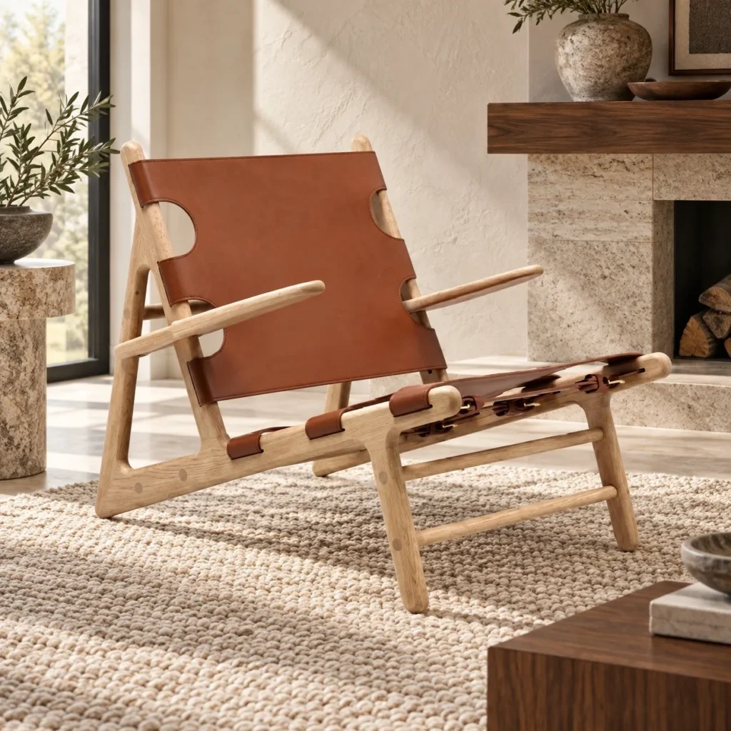Larch Frame Lounge Chair in natural oak — front view