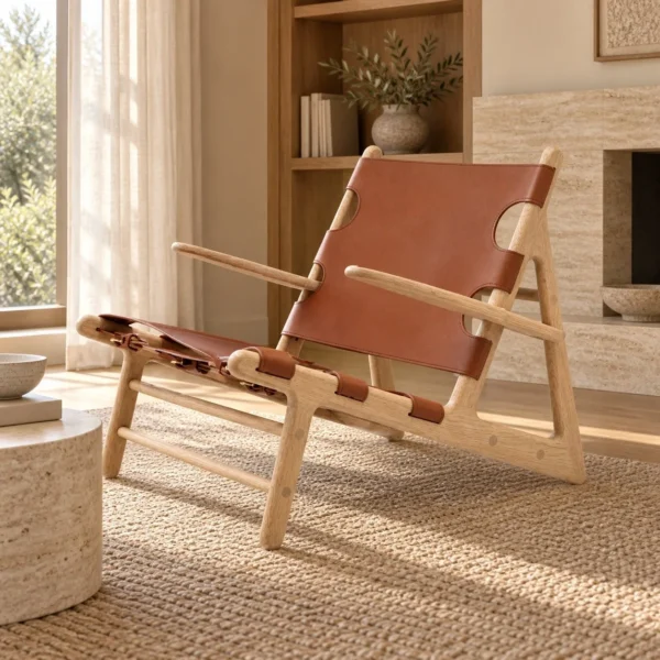 Larch Frame Lounge Chair in natural oak — in a room setting