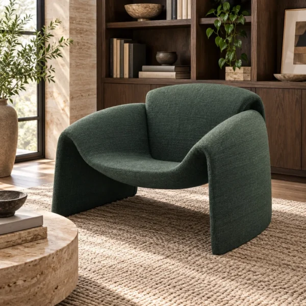 Forest Green Ribbon Lounge Chair with Folded Arms, 87 cm in olive — in a room setting