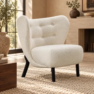 Cream Bouclé Wingback Lounge Chair on Black Wood Legs, 80 cm in oatmeal — front view