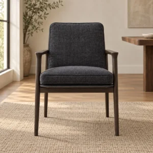 Percher Dark Wood Lounge Chair in Charcoal Fabric — front view