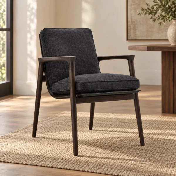 Percher Dark Wood Lounge Chair in Charcoal Fabric — in a room setting
