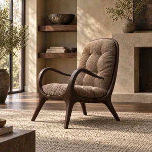 Luna Bent Wood Lounge Chair with Tufted Taupe Cushion in walnut — front view