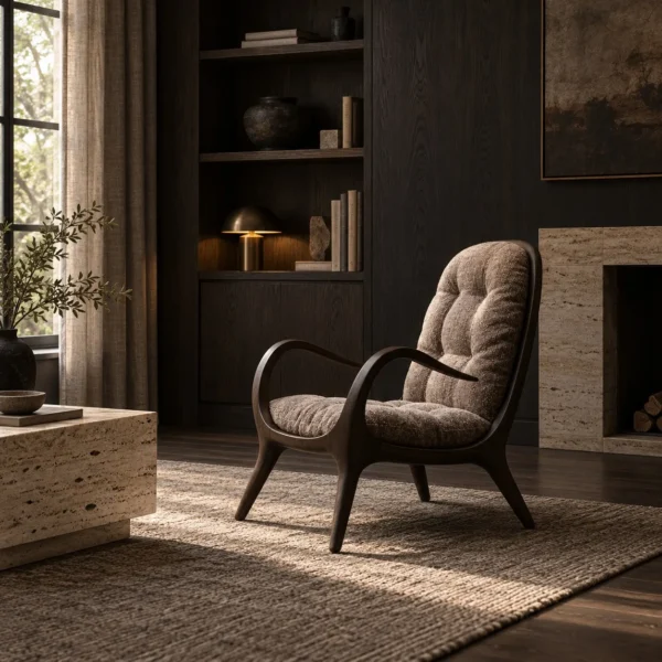 Luna Bent Wood Lounge Chair with Tufted Taupe Cushion in walnut — in a room setting