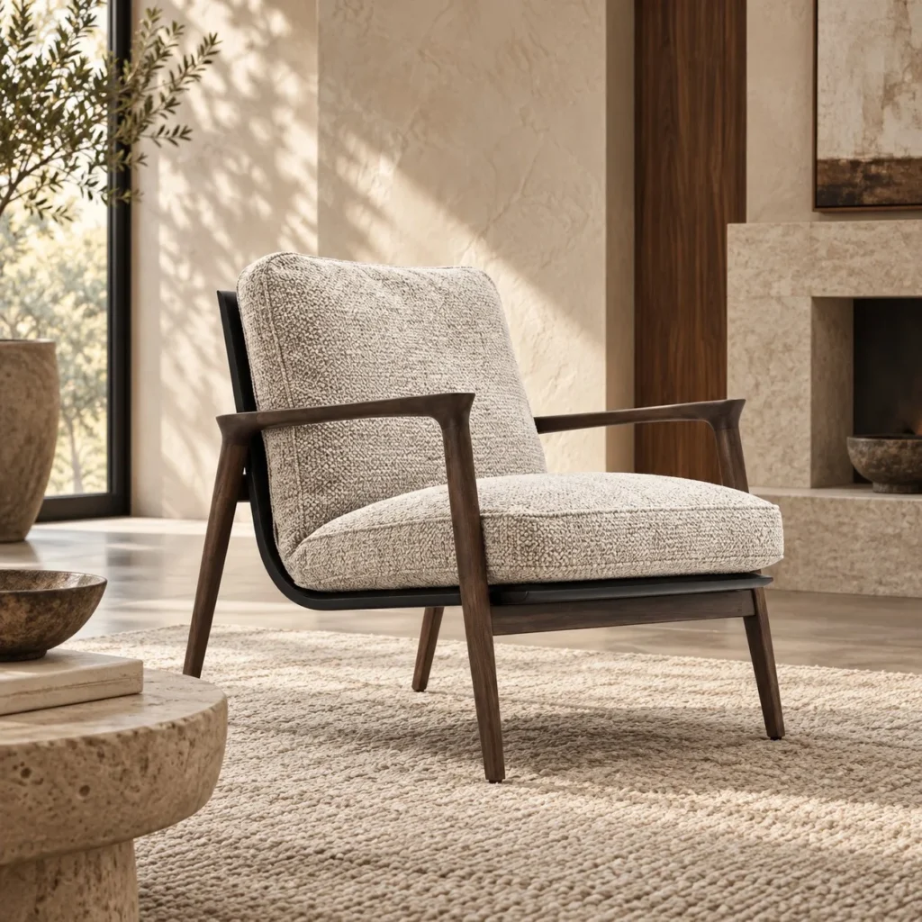 Percher Dark Wood Lounge Chair in Cream Bouclé — front view