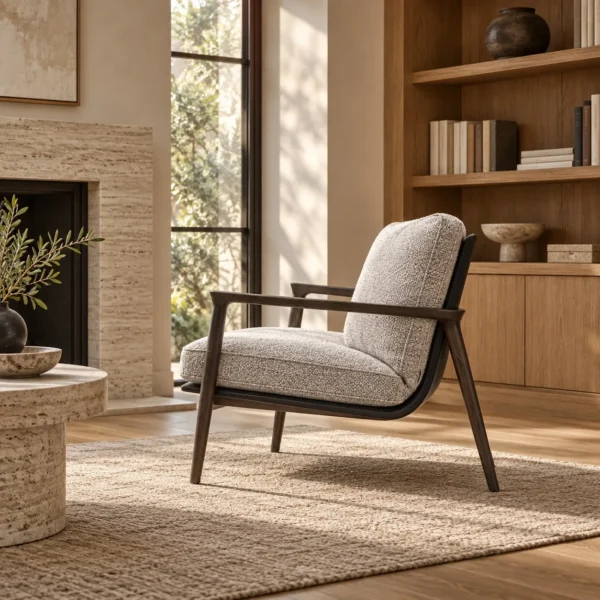 Percher Dark Wood Lounge Chair in Cream Bouclé — in a room setting