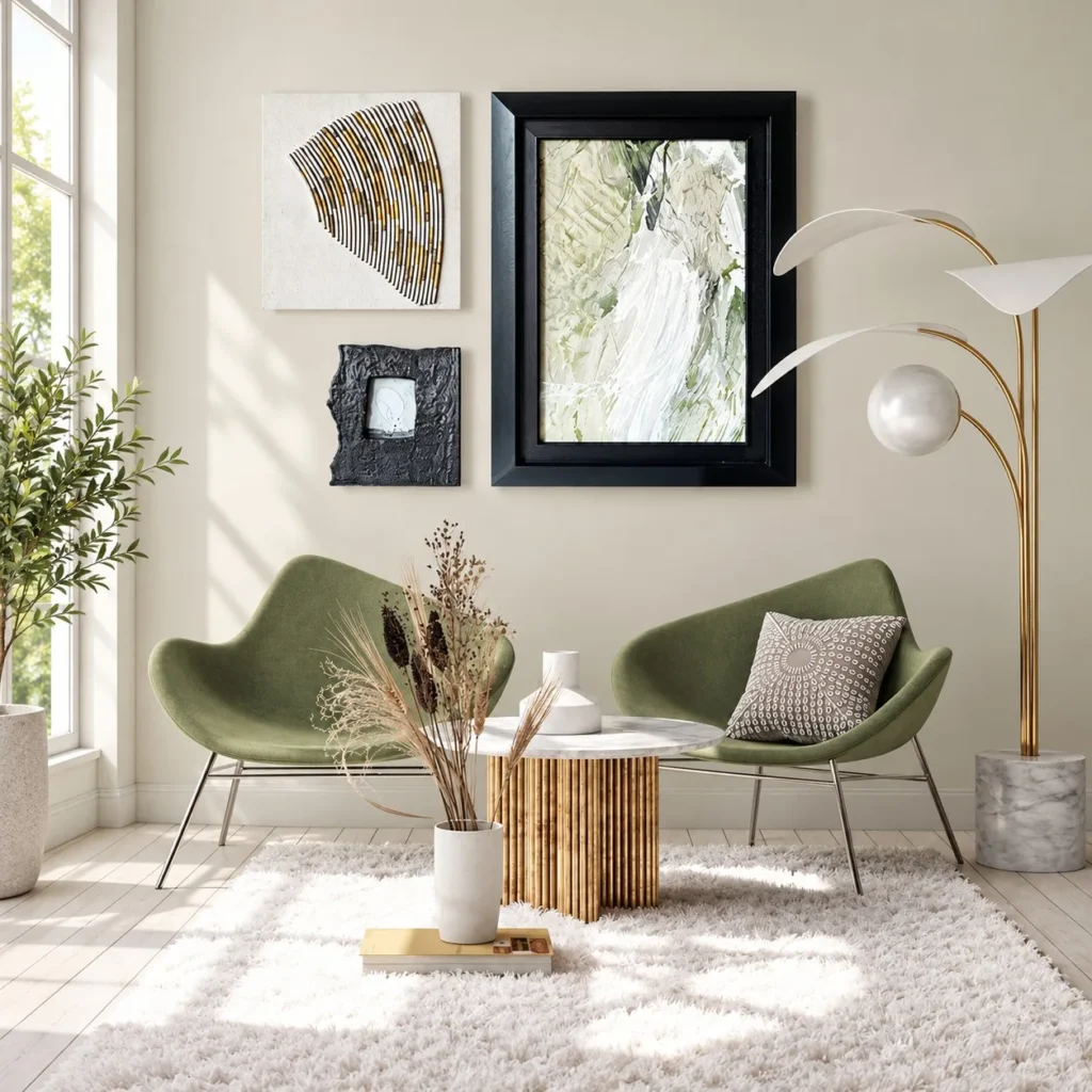 Green and Gold Wall Art Set of 3 in Black Frames — front view