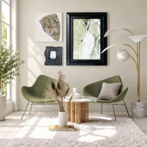 Green and Gold Wall Art Set of 3 in Black Frames — front view