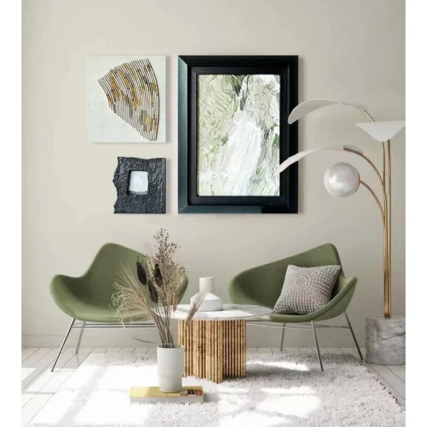 Green and Gold Wall Art Set of 3 in Black Frames — in a room setting