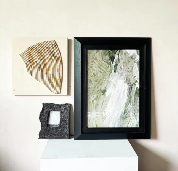 Green and Gold Wall Art Set of 3 in Black Frames — in a room setting