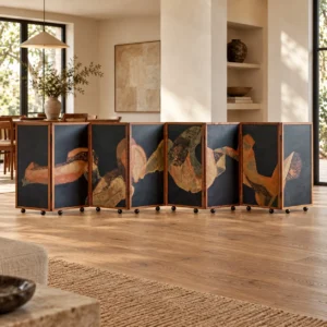 Low Walnut-Framed Art Screen on Castors in black — front view