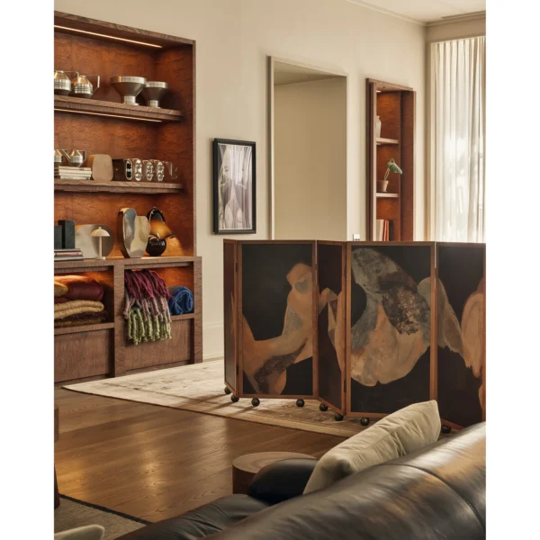 Low Walnut-Framed Art Screen on Castors in black — in a room setting