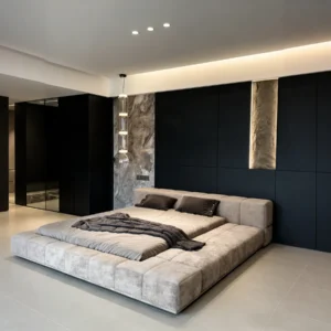 Low Wide-Ledge Upholstered Platform Bed in sand — front view