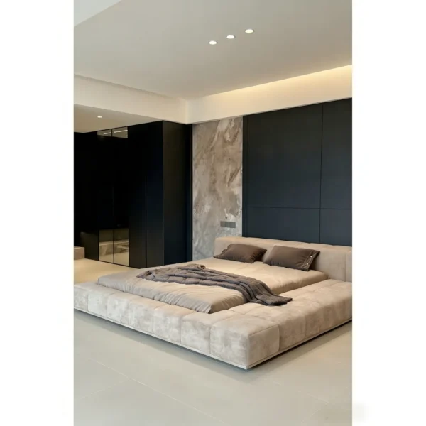 Low Wide-Ledge Upholstered Platform Bed in sand — in a room setting