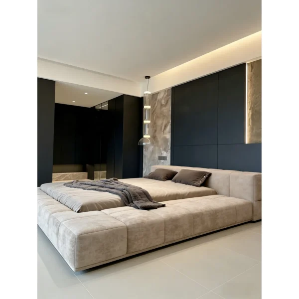Low Wide-Ledge Upholstered Platform Bed in sand — in a room setting