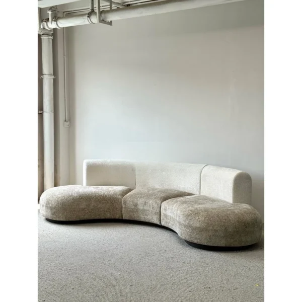 Low-Saturation French Curved Sofa in Two-Tone Cream Bouclé — in a room setting
